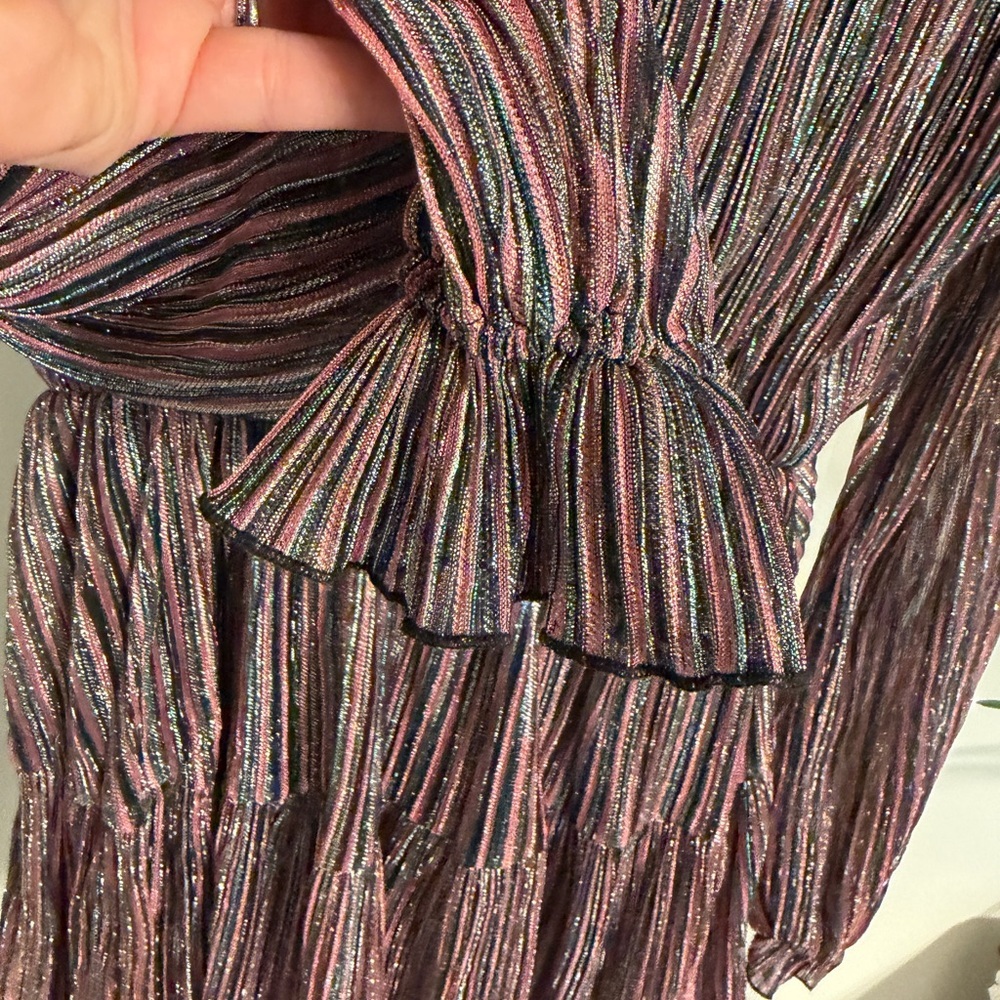 OPT Multicolor Metallic Striped Long Sleeve Mock Neck Mini Fit & Flare Dress - Picture 7 of 8